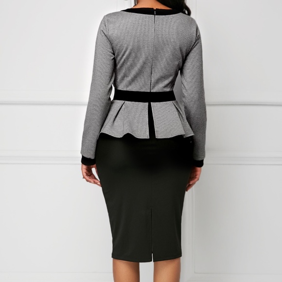 Long Sleeve Peplum Dress With Bow - Picture 2 of 6